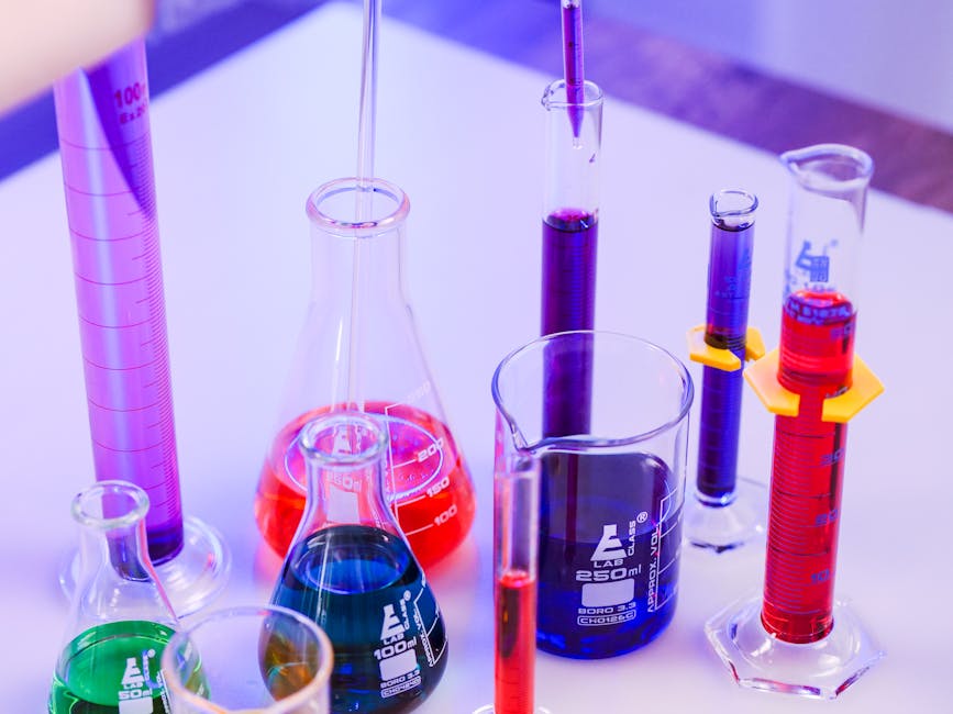 Chemistry laboratory glassware and research bench