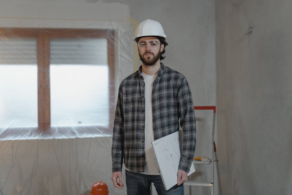 Construction site supervisor with blueprints